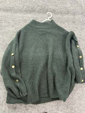 Ellos Womens Sweater 2X 26/28 Dark Green Mock Neck Gold Button Sleeves N215